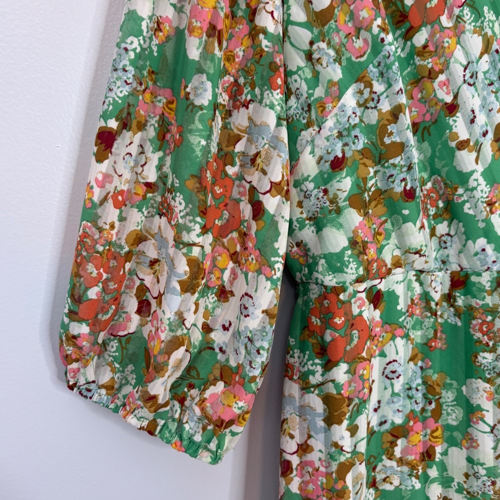 Maison Tara Green Floral Pleated Maxi‎ Dress V-Neck 3/4 Puff Sleeve Belted - Picture 7 of 12